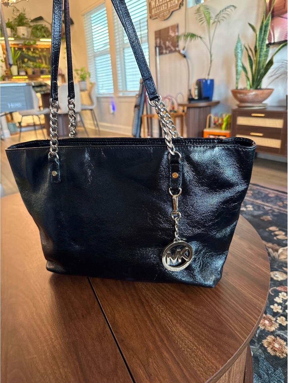 Michael Kors Black Leather Shoulder Tote Bag with Chain Straps